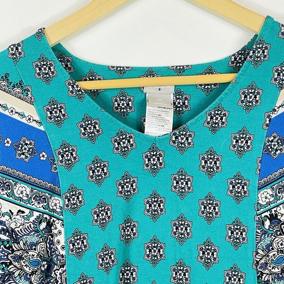 Chico's Teal Print Flare Chiffon Trim Jersey Top Shirt Tee Womens 0 Small Petite - Picture 2 of 6